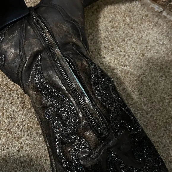 Corral over knee black pattern glitter Embellished Cowboy Boots