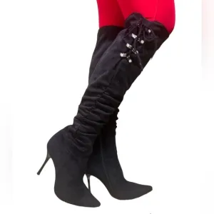 Corset Tie Black Suede Boots from Fredericks of Hollywood Size US 8.5