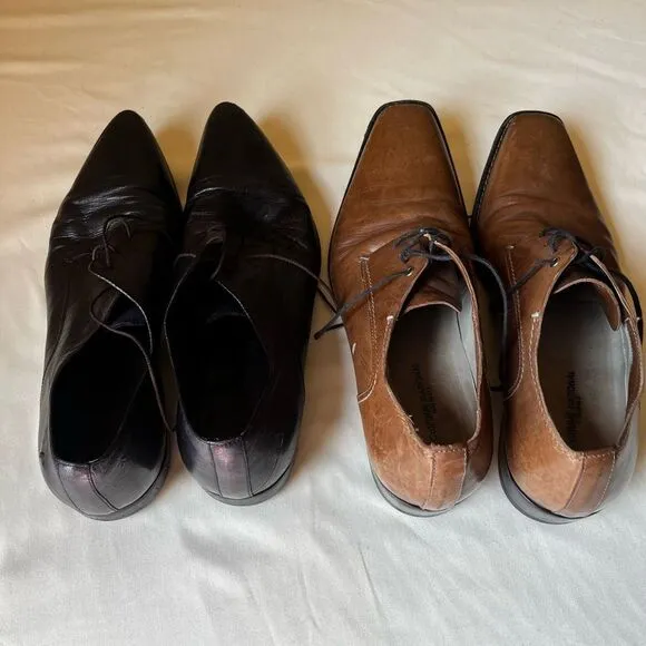 Costume National Tan Leather Dress Shoes 2 Pairs  Lace Up Pointed Toe Mens 7.5