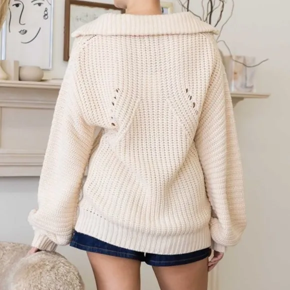 Creamy Knit Collar V-Neck Long Sleeve Sweater