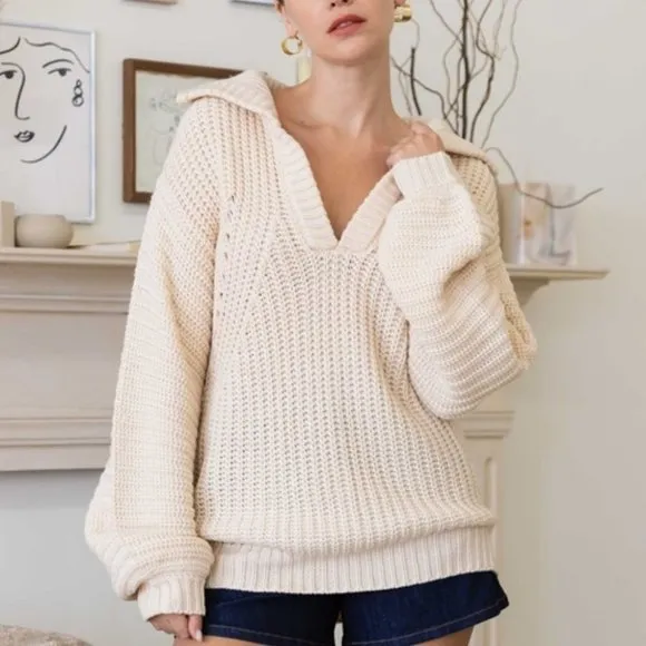 Creamy Knit Collar V-Neck Long Sleeve Sweater