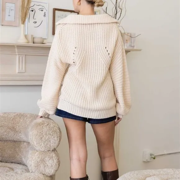 Creamy Knit Collar V-Neck Long Sleeve Sweater