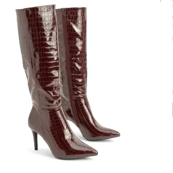 CROC DETAIL KNEE HIGH STILETTO BOOT
