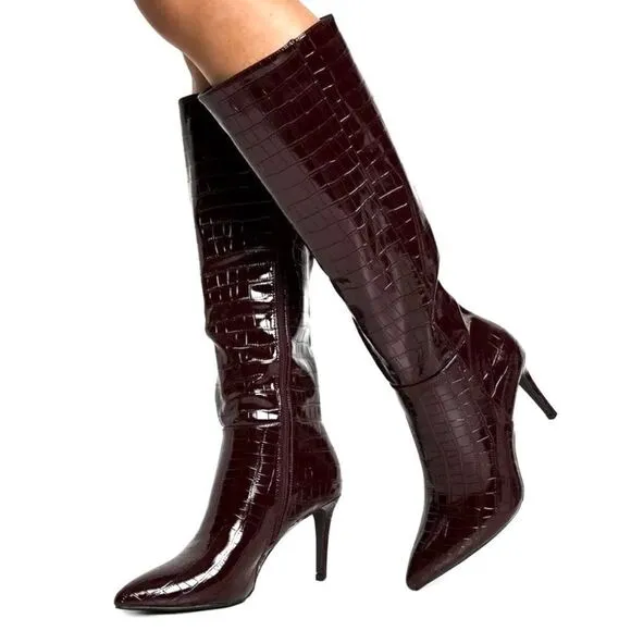CROC DETAIL KNEE HIGH STILETTO BOOT