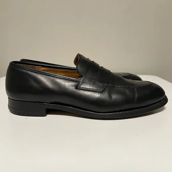 Crockett &amp; Jones Eaton Black Leather Shoes Penny Loafers Mens UK 8.5 E US 9.5