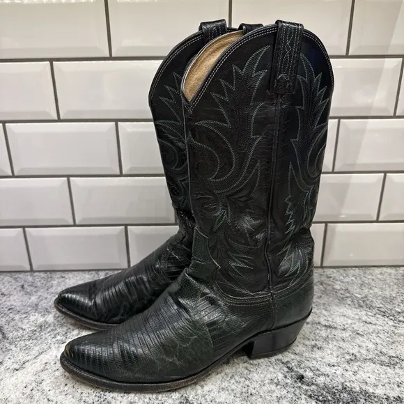 Dan Post Western Lizard Skin Boots Black Green Scroll Design Women 10 Men 8D