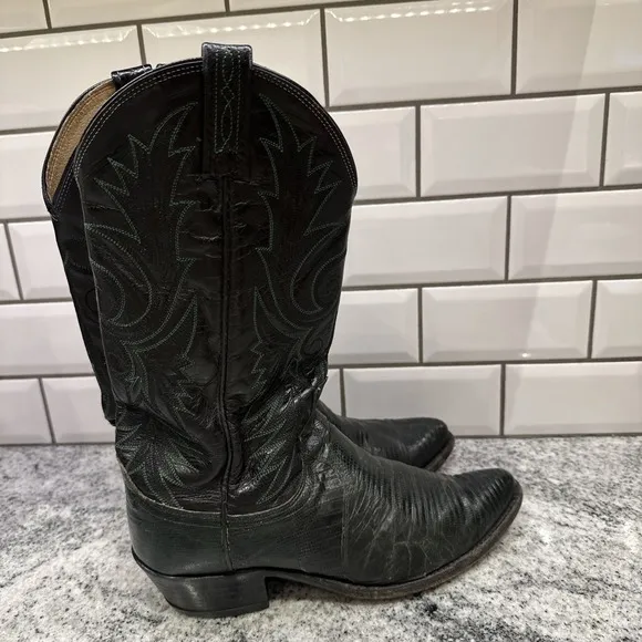 Dan Post Western Lizard Skin Boots Black Green Scroll Design Women 10 Men 8D