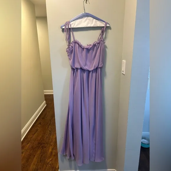 Dessy Pale Purple Skinny Tie-Shoulder Ruffle-Trimmed Blouson Maxi Dress