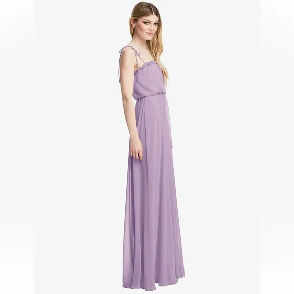 Dessy Pale Purple Skinny Tie-Shoulder Ruffle-Trimmed Blouson Maxi Dress