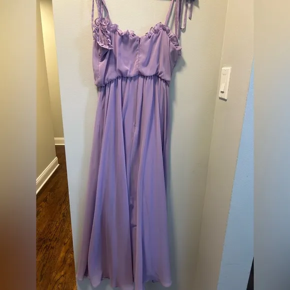 Dessy Pale Purple Skinny Tie-Shoulder Ruffle-Trimmed Blouson Maxi Dress