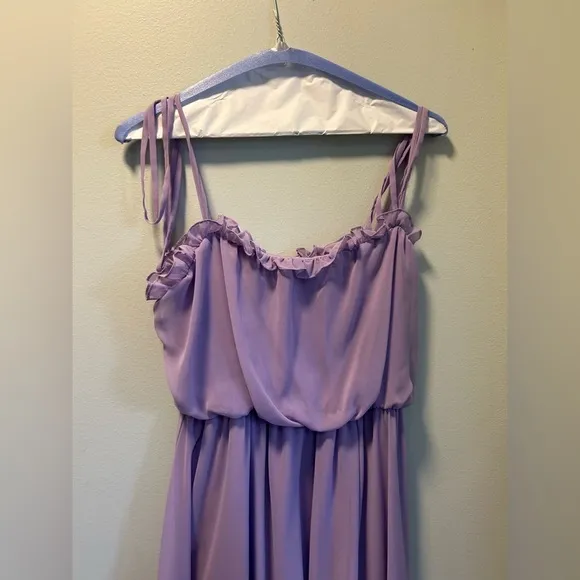 Dessy Pale Purple Skinny Tie-Shoulder Ruffle-Trimmed Blouson Maxi Dress