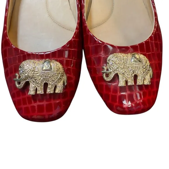 Diana E.Kelly Leather Red Crocodile Prep Pattern Flats with Gold Elephant Accent