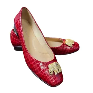 Diana E.Kelly Leather Red Crocodile Prep Pattern Flats with Gold Elephant Accent