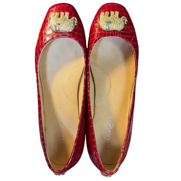 Diana E.Kelly Leather Red Crocodile Prep Pattern Flats with Gold Elephant Accent