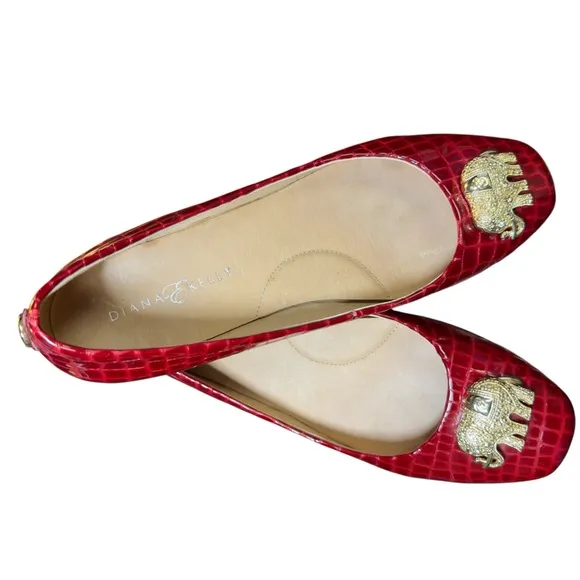 Diana E.Kelly Leather Red Crocodile Prep Pattern Flats with Gold Elephant Accent
