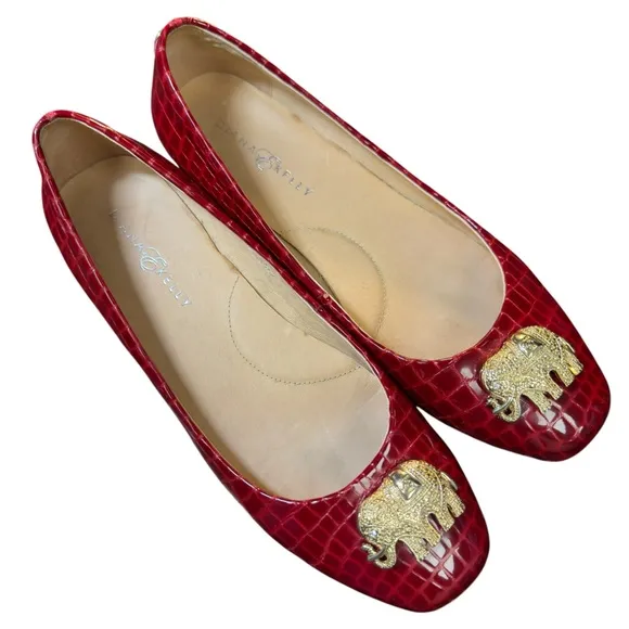 Diana E.Kelly Leather Red Crocodile Prep Pattern Flats with Gold Elephant Accent