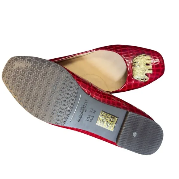 Diana E.Kelly Leather Red Crocodile Prep Pattern Flats with Gold Elephant Accent