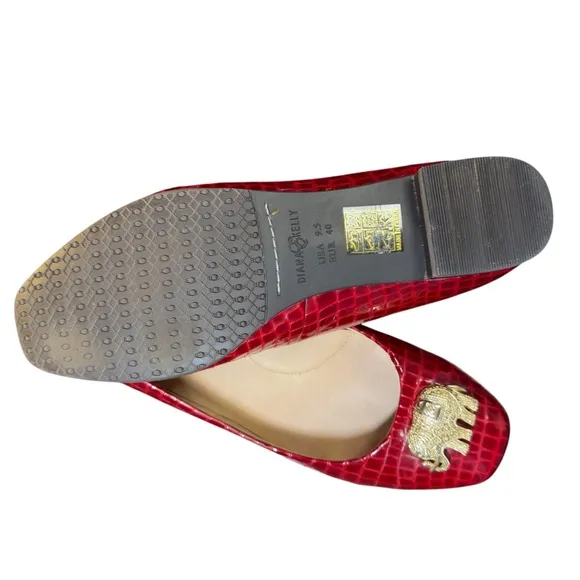 Diana E.Kelly Leather Red Crocodile Prep Pattern Flats with Gold Elephant Accent