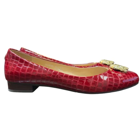 Diana E.Kelly Leather Red Crocodile Prep Pattern Flats with Gold Elephant Accent