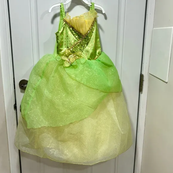 DISNEY STORE Princess Tiana Costume with shoes and crown- Size 5/6