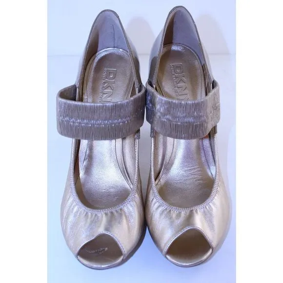 DKNY Wynona Gold &amp; Beige Leather Mary Jane Heels 9