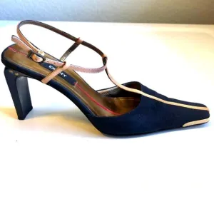 DKNY Y2K T-strap Slingback Pump Black\Tan Square Heel &amp; Toe Made in Italy 7.5