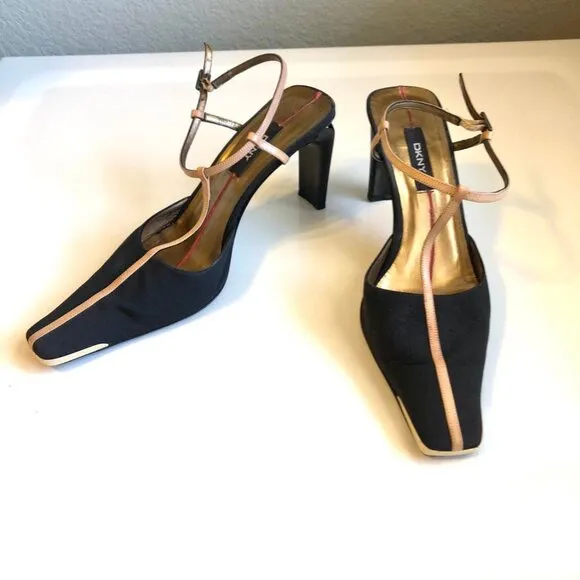 DKNY Y2K T-strap Slingback Pump Black\Tan Square Heel &amp; Toe Made in Italy 7.5
