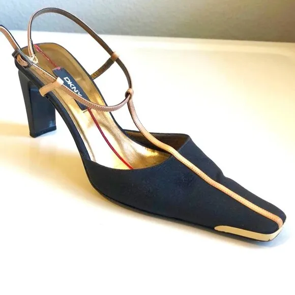 DKNY Y2K T-strap Slingback Pump Black\Tan Square Heel &amp; Toe Made in Italy 7.5