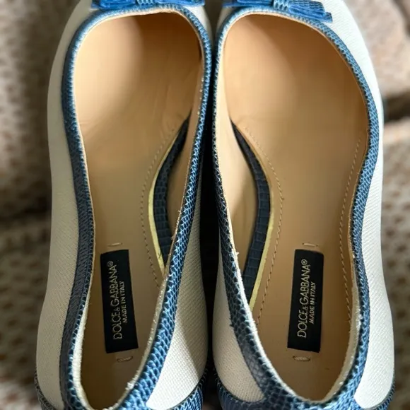 DOLCE &amp; GABANNA Canvas and Embossed Leather Lizard Ballet Flats • Size 37 EU