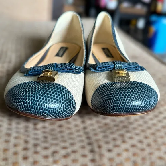 DOLCE &amp; GABANNA Canvas and Embossed Leather Lizard Ballet Flats • Size 37 EU