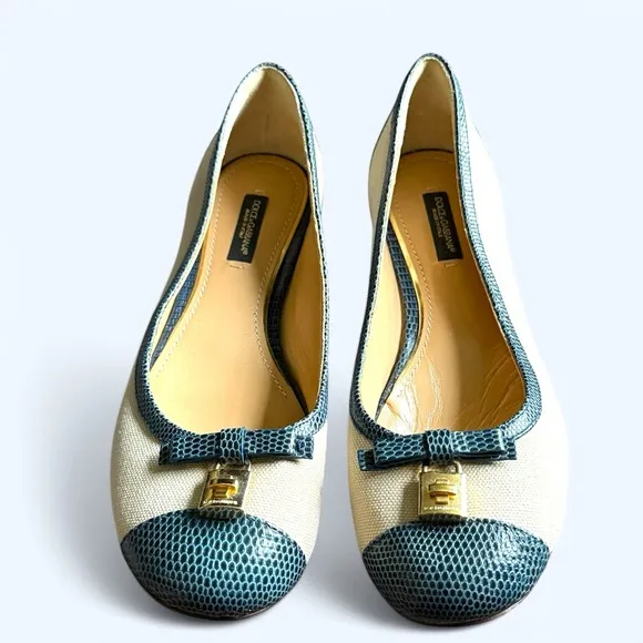 DOLCE &amp; GABANNA Canvas and Embossed Leather Lizard Ballet Flats • Size 37 EU