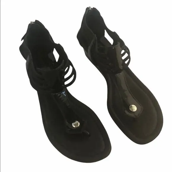 Donald Pliner Black Patent Leather Wedge Sandals Size 7.5