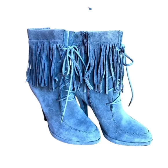 Dove Gray Suede Fringe Lace Up Ankle Stiletto Boots Trendy Western Cowgirl