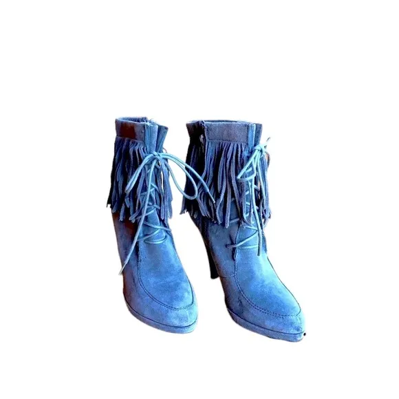 Dove Gray Suede Fringe Lace Up Ankle Stiletto Boots Trendy Western Cowgirl