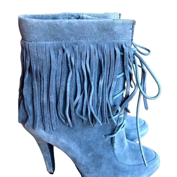 Dove Gray Suede Fringe Lace Up Ankle Stiletto Boots Trendy Western Cowgirl