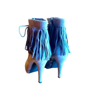 Dove Gray Suede Fringe Lace Up Ankle Stiletto Boots Trendy Western Cowgirl