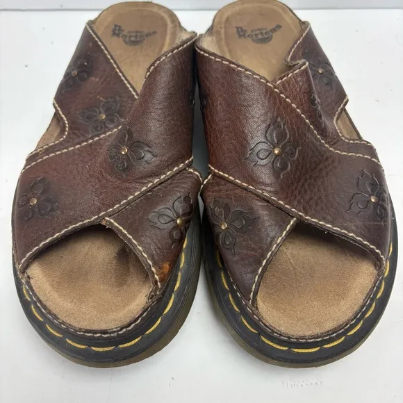 Dr Martens Women’s Brown Leather Sandals Slides Floral Flowers Size 9