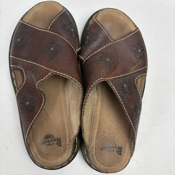 Dr Martens Women’s Brown Leather Sandals Slides Floral Flowers Size 9