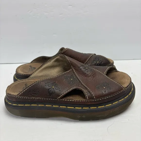 Dr Martens Women’s Brown Leather Sandals Slides Floral Flowers Size 9