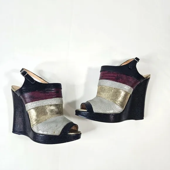 Dries Van Noten Black Gold Red Stripe Wedge Shoes Size 36