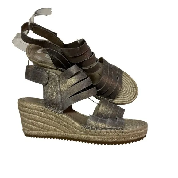 Eileen Fisher Espadrille Sandals Women's Size 8.5 Wedge Pewter Leather Metallic