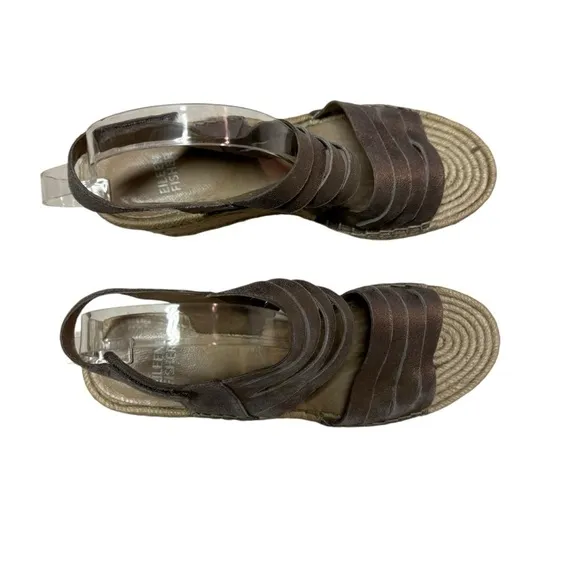 Eileen Fisher Espadrille Sandals Women's Size 8.5 Wedge Pewter Leather Metallic