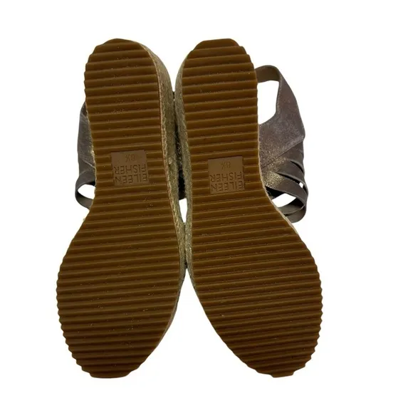 Eileen Fisher Espadrille Sandals Women's Size 8.5 Wedge Pewter Leather Metallic