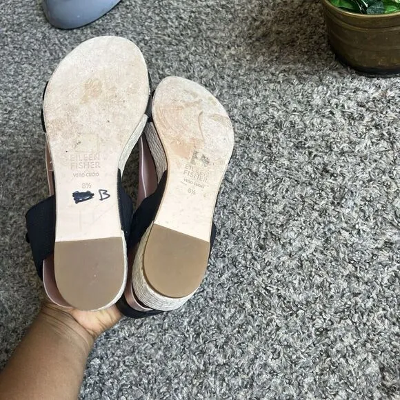 Eileen Fisher Sandals 8.5 Black Leather Ankle Strap Zip Espadrille Shoes