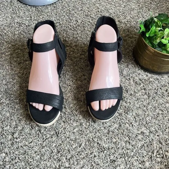 Eileen Fisher Sandals 8.5 Black Leather Ankle Strap Zip Espadrille Shoes