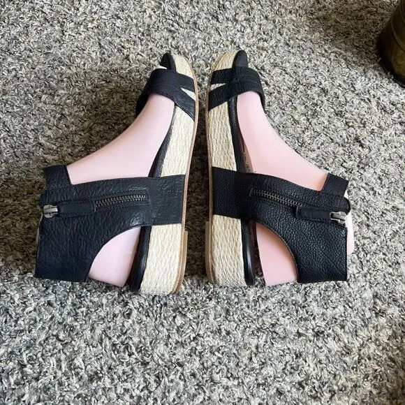 Eileen Fisher Sandals 8.5 Black Leather Ankle Strap Zip Espadrille Shoes