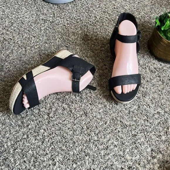 Eileen Fisher Sandals 8.5 Black Leather Ankle Strap Zip Espadrille Shoes