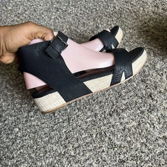 Eileen Fisher Sandals 8.5 Black Leather Ankle Strap Zip Espadrille Shoes