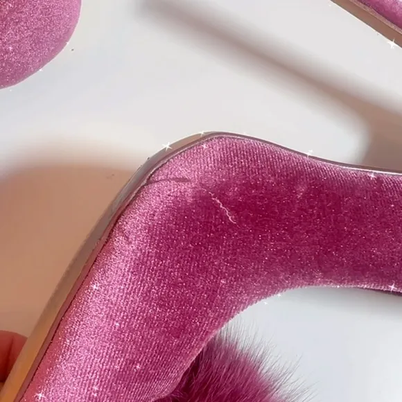 Elegant Velvet Pink Pom Pom slip on party high heels size 7