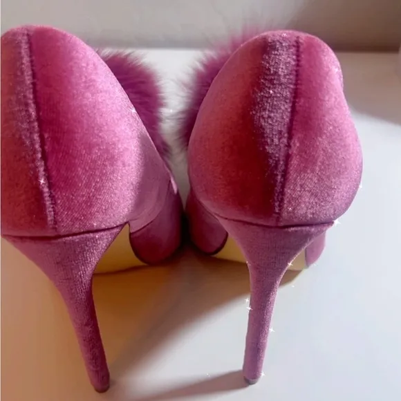 Elegant Velvet Pink Pom Pom slip on party high heels size 7